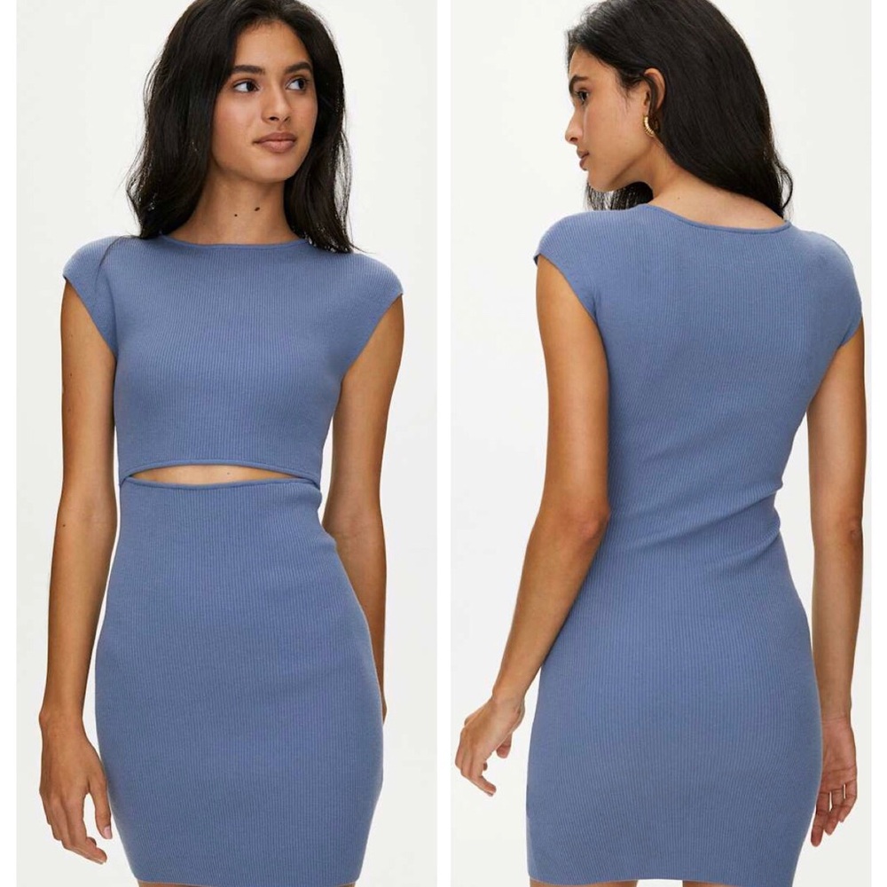 Aritzia Wilfred Free Cut Out Stretch Cap Sleeves Blue Mini Dress size M NWT